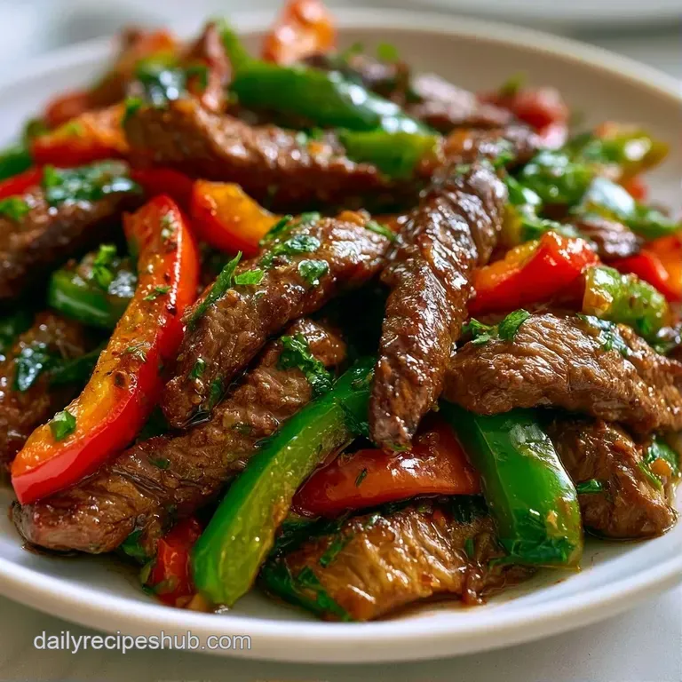 Tender strips of seared beef and crisp colorful peppers in a matte black bowl garnished with sliced green onions.
