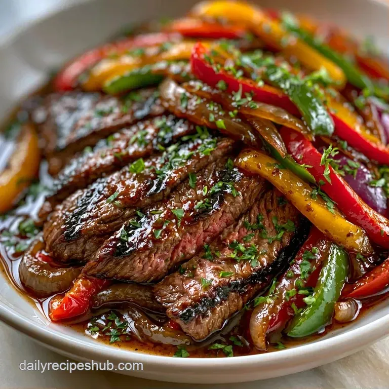 Vibrant strips of seared beef and colorful peppers arranged on a cast iron skillet with fresh lime and cilantro.