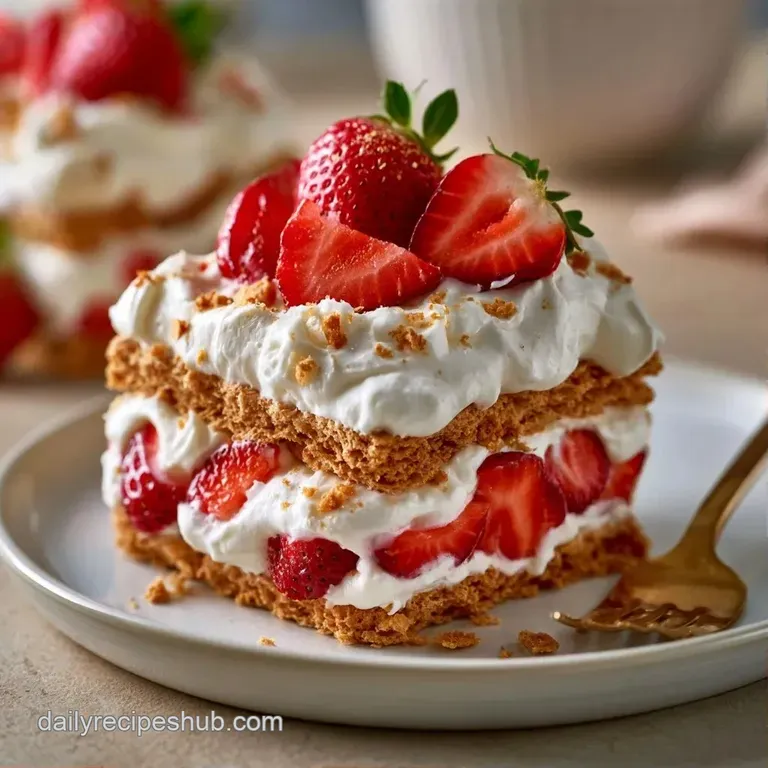 A neat slice of layered cream and berries on a ceramic plate, topped with a fresh mint leaf and a whole strawberry.
