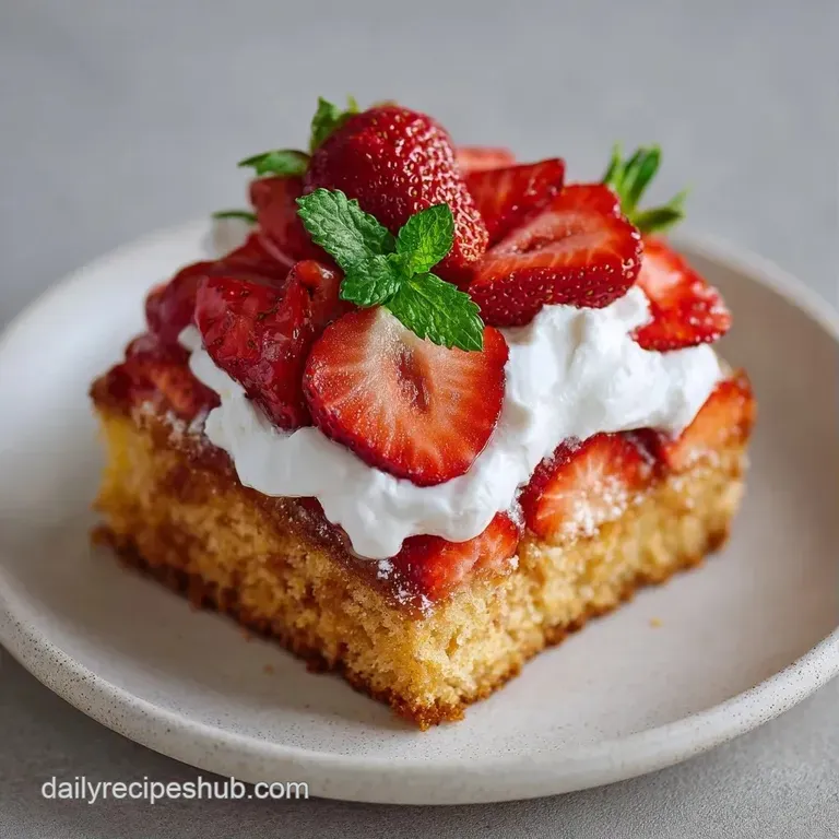 A square slice of airy sponge cake layered with thick cream and fresh berries on a white ceramic dessert plate.