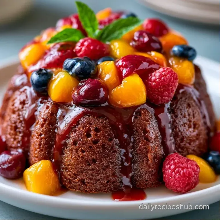 A thin slice of moist sponge cake topped with vibrant berries, served on a plate with a fresh mint leaf garnish.