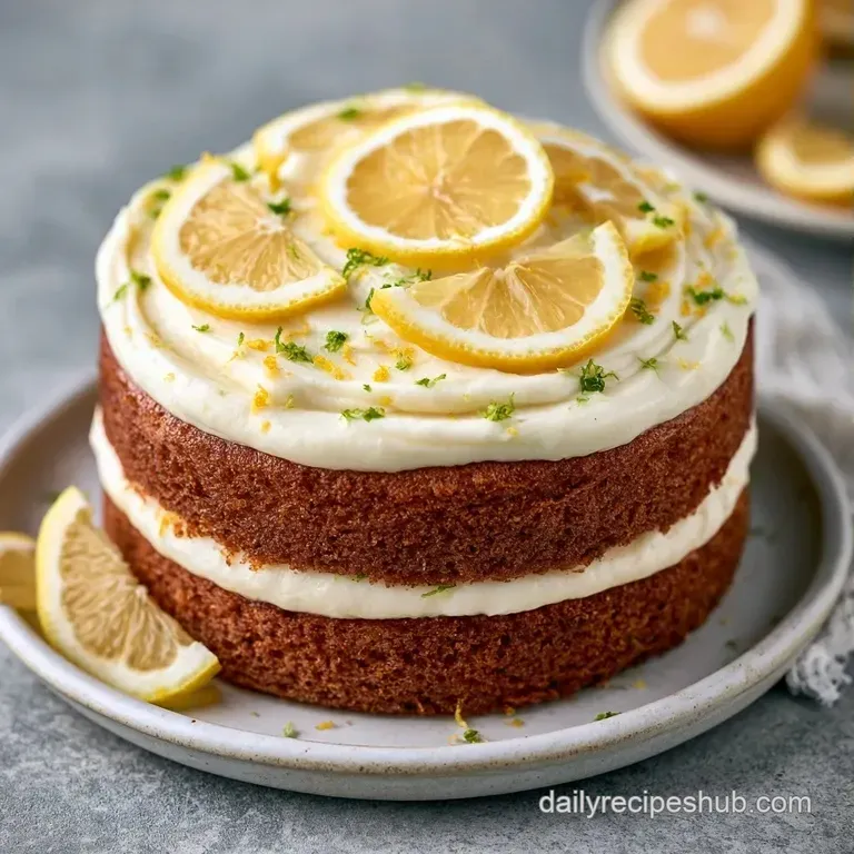 Elegant slice of pale yellow cake on a white plate, garnished with a thin lemon wheel and a dusting of sugar.
