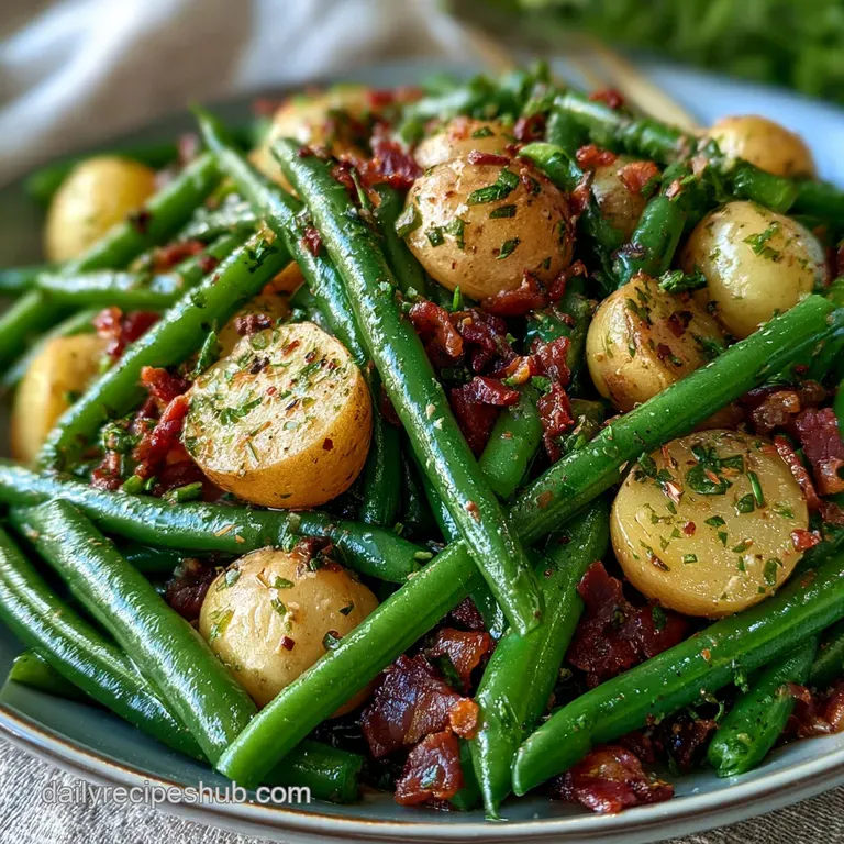 A heap of glossy, bright green beans mixed with salty browned bacon bits served on a minimalist white ceramic plate.