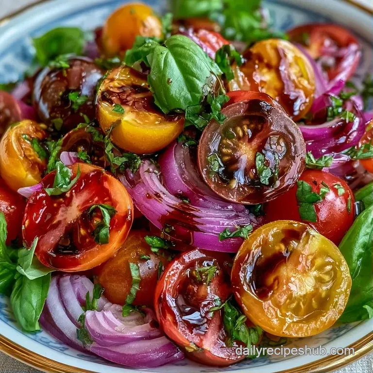 Colorful tomato slices arranged on a white ceramic plate with creamy mozzarella pearls and fresh green basil.