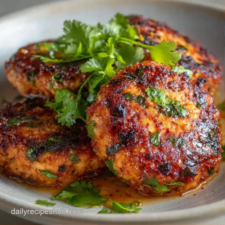 Golden-brown patties arranged on a ceramic plate with vibrant sliced cucumbers and a small bowl of red chili jam.