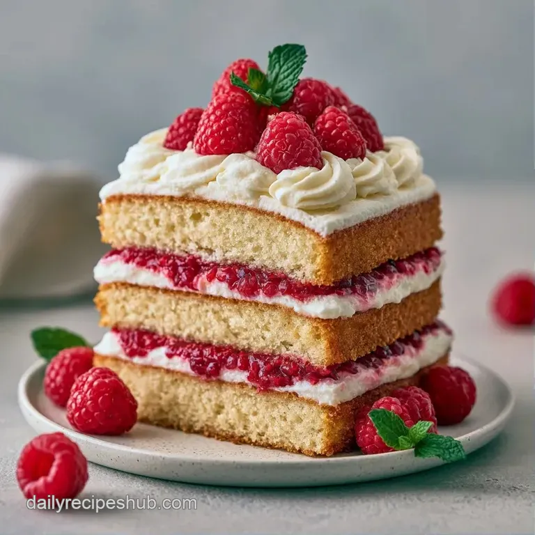A slice of fluffy white cake with bright red raspberry layers on a white porcelain plate with a silver fork.