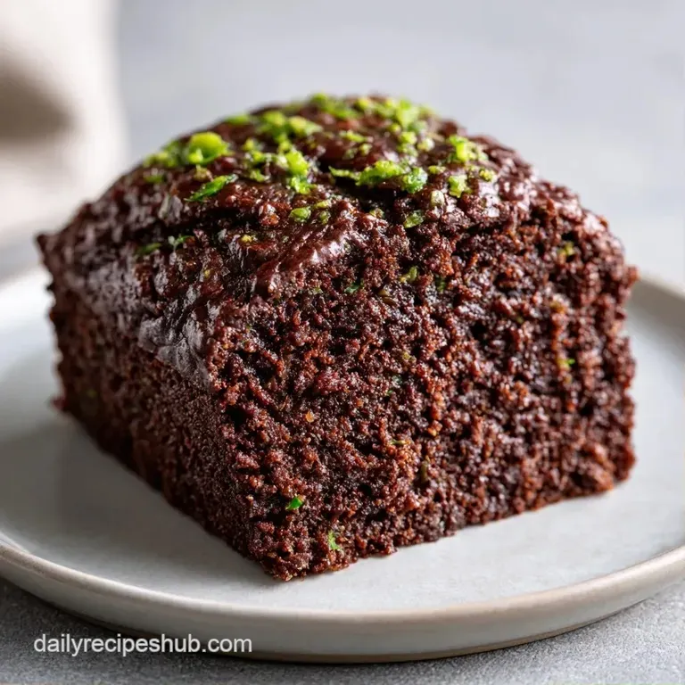 A thick slice of dark chocolate cake on a white ceramic plate, topped with a dusting of cocoa and a fresh mint leaf.