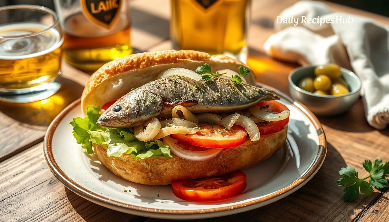 A close-up of a matjesbrötchen sandwich served on a rye roll, topped with marinated matjes herring, sliced onions, and sprigs of fresh dill. Black and green olives are placed on the side for garnish.