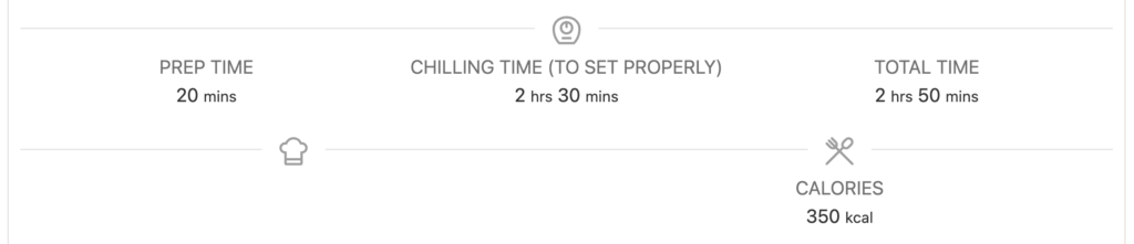 Screenshot showing the calorie count, preparation time, and estimated cost in the USA. Includes details like 350–400 calories per serving, 3 hours total preparation time, and a cost range of $10–$15.