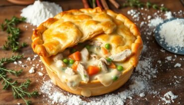 Step-by-step instructions for assembling a Pillsbury chicken pot pie.