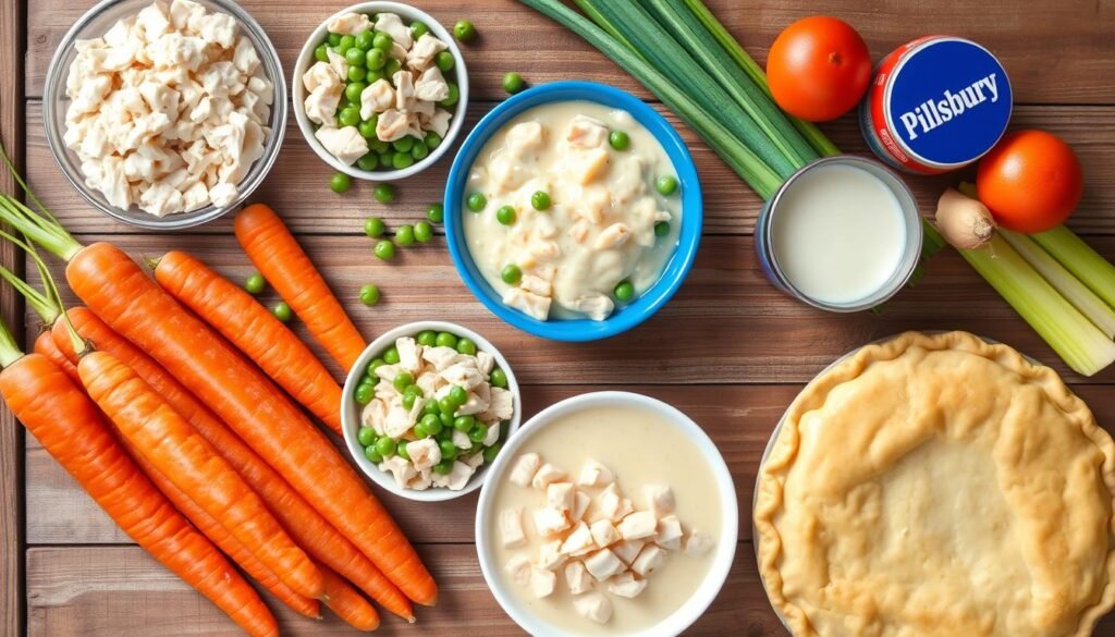 Pillsbury chicken pot pie served on a dinner plate with a side salad.