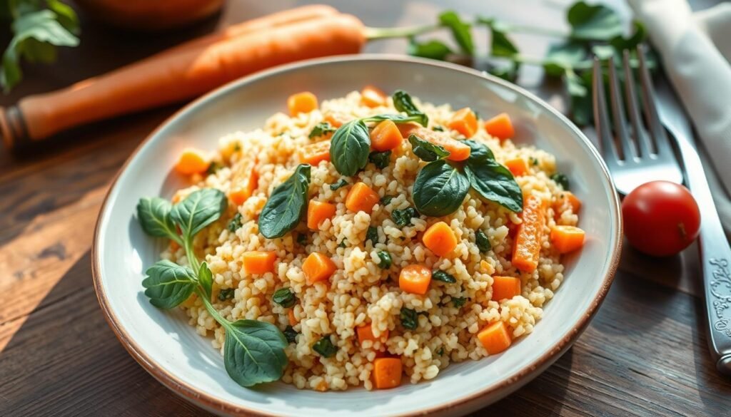 dry couscous on a wooden table.