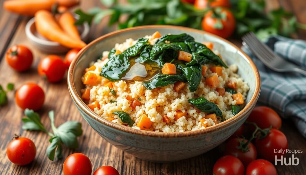 Carrot and spinach couscous served with lemon wedges on the side.