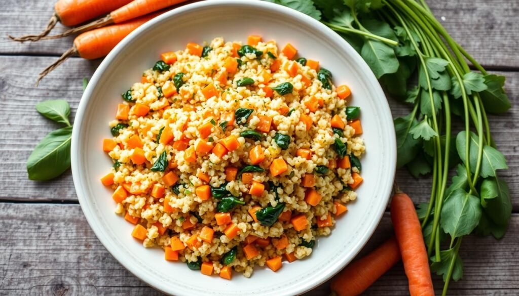 Close-up of carrot and spinach couscous in a bowl, garnished with fresh herbs.