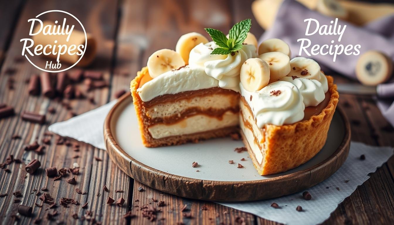 A freshly made banoffee pie with layers of creamy whipped cream, caramel toffee, and sliced bananas on a biscuit crust, garnished with grated chocolate.