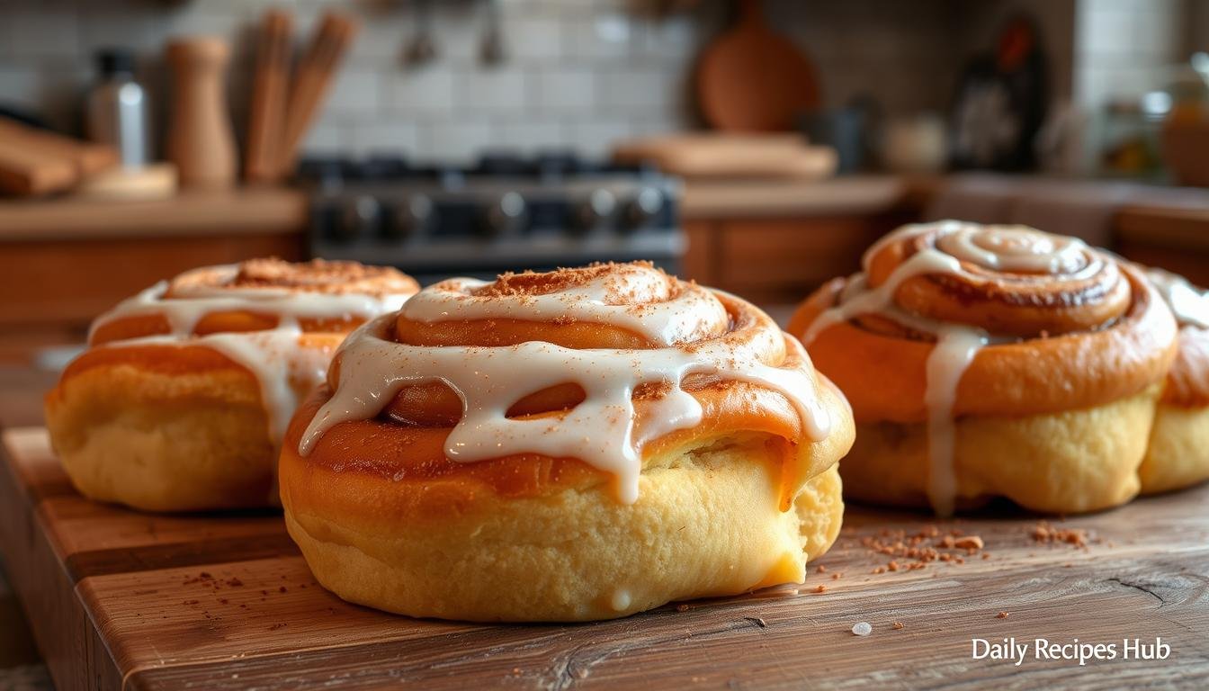 Freshly baked Sweet Potato Cinnamon Rolls on a serving platter, topped with vegan icing and a sprinkle of chopped nuts, ready to be enjoyed.