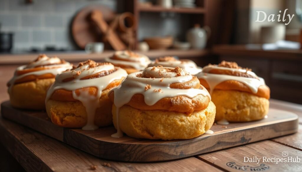 A close-up of soft and fluffy Cinnamon Rolls drizzled with maple syrup, showing the gooey filling and golden-brown crust.