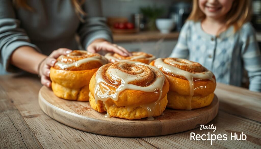 A cozy kitchen scene with a tray of freshly baked Sweet Potato Cinnamon Rolls surrounded by happy kids