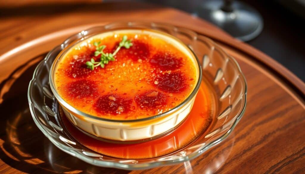 Close-up of a perfectly baked Crab Brulee recipe in a ramekin, with a golden-brown, savory breadcrumb topping.