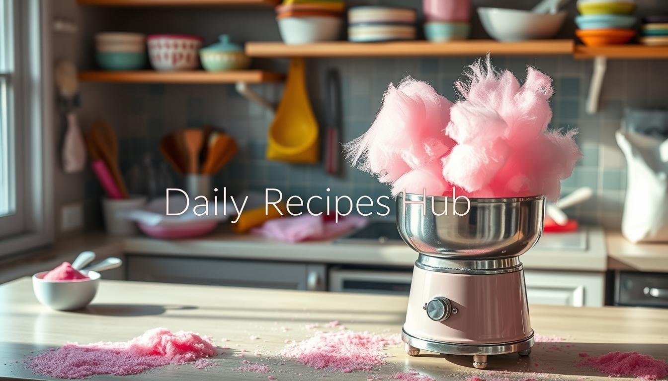 Cotton Candy Machine: A compact pink cotton candy machine in use.