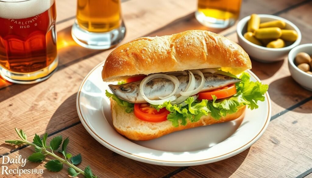 An open-faced matjesbrötchen on a wooden board, layered with herring, pickles, and diced onions. Sliced lemon and a small bowl of olives are arranged beside it for added flavor.