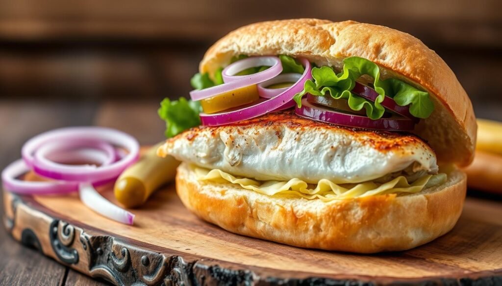 A platter featuring several matjesbrötchen sandwiches, each topped with herring, fresh herbs, and thinly sliced radishes. A handful of green olives is scattered around for decoration.