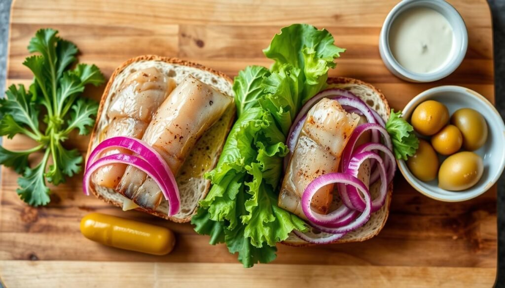 A matjesbrötchen recipe, garnished with fresh parsley and sliced cucumber. A small ramekin filled with black olives sits next to the sandwich