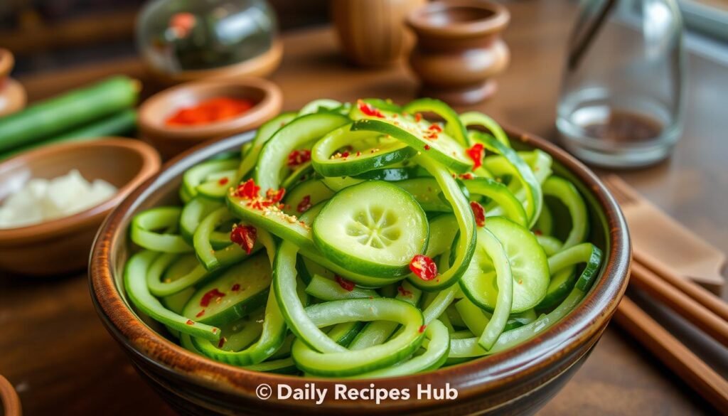 Din Tai Fung cucumber salad served in a brown bowl with fresh cucumbers and seasonings.