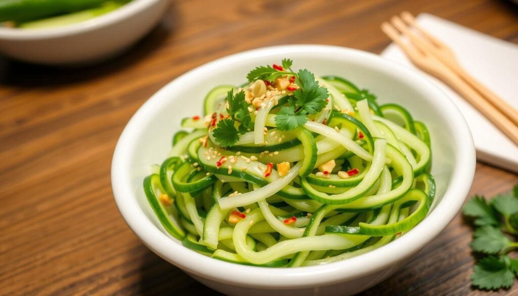 Refreshing Din Tai Fung cucumber salad in a bowl, garnished with sesame seeds and scallions.