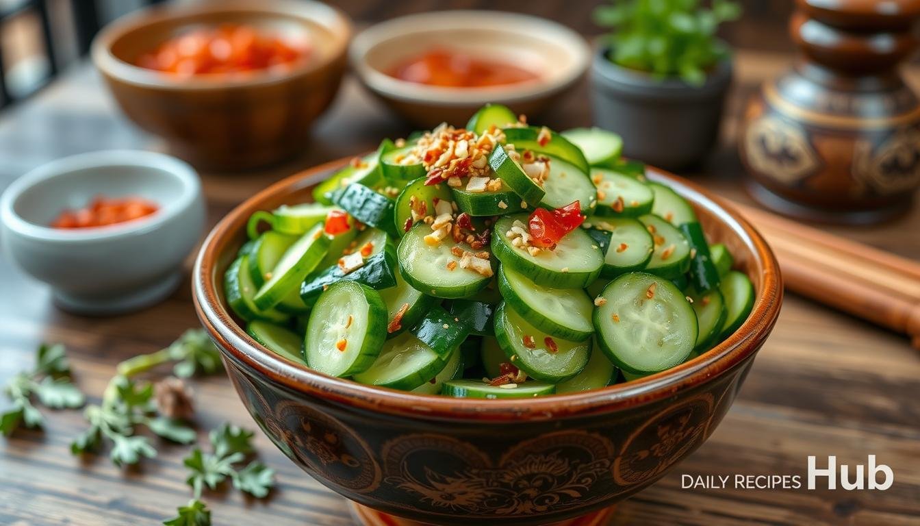 Close-up of Din Tai Fung cucumber salad in a bowl with a delicious dressing drizzled on top