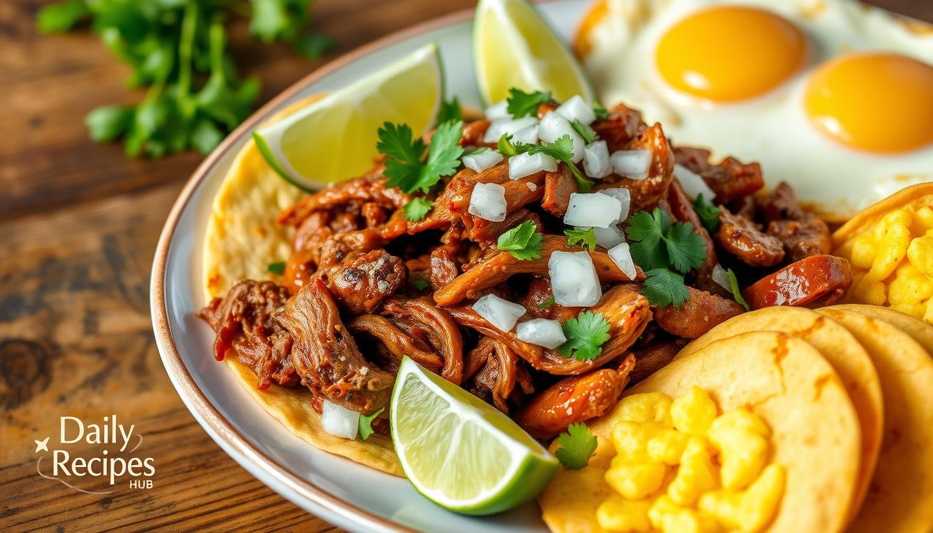 Carnitas breakfast recipe with eggs: A beautifully plated Mexican breakfast