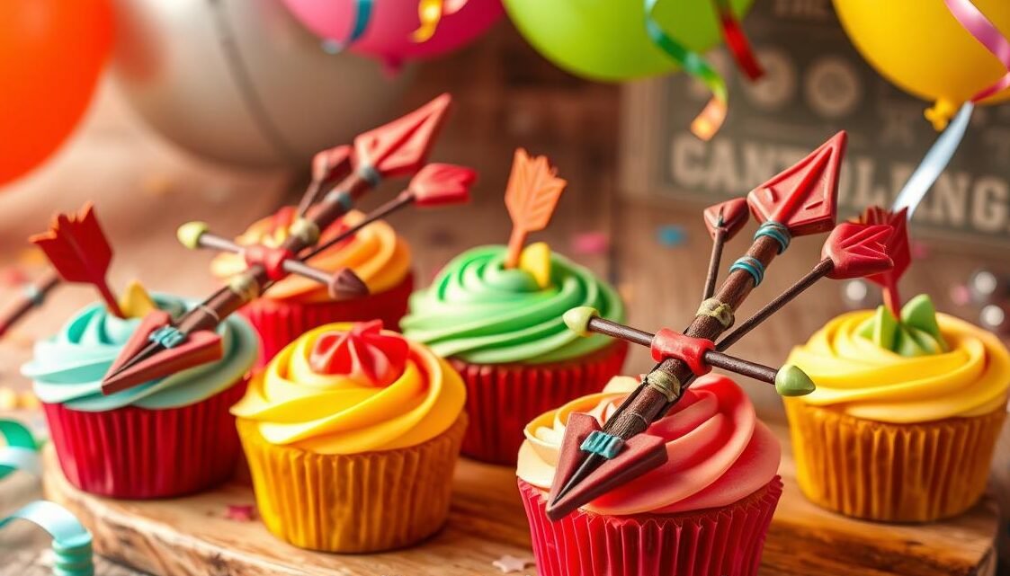 Delicious Bow Arrow Cupcakes decorated with colorful bows and pretzel arrows, ready to serve at a party