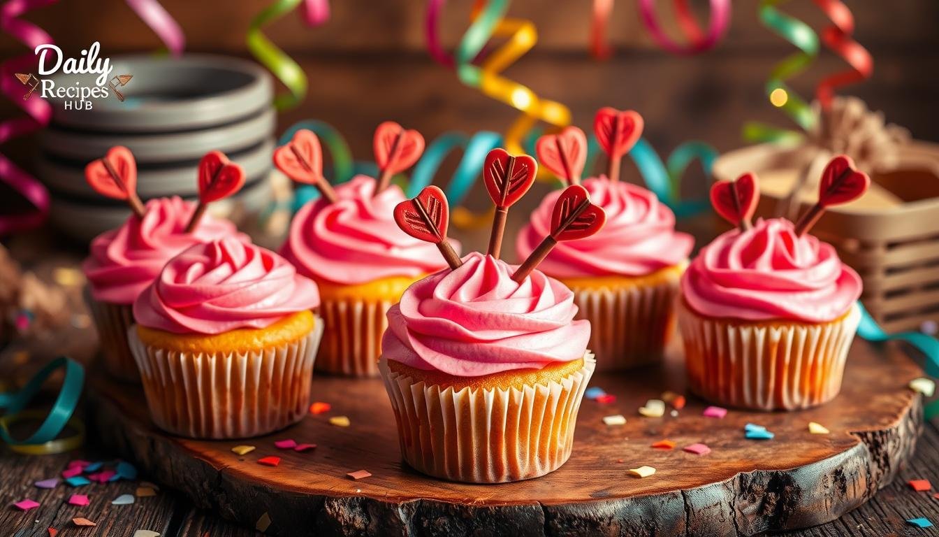 Freshly baked Bow Arrow Cupcakes with vibrant frosting and fun bow and arrow designs on top.