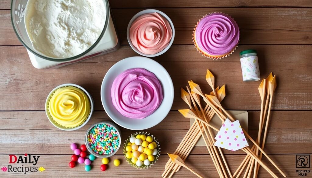 Ingredients for Bow Arrow Cupcakes laid out on the counter, including flour, sugar, butter, eggs, and candy melts for decoration