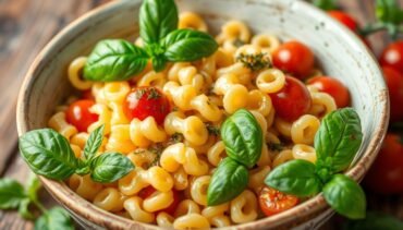 Homemade ditalini pasta with a creamy sauce and vibrant vegetables, offering a comforting Italian meal