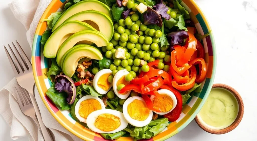 A colorful bowl featuring vibrant green shelled edamame and perfectly sliced hard-boiled eggs, surrounded by cherry tomatoes and mixed greens.