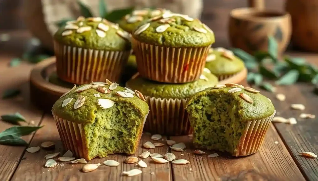 A close-up of a matcha muffin recipe with almond flour and a soft interior.