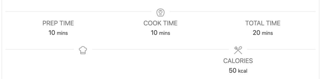 card displaying calorie count and preparation time of under 20 minutes
