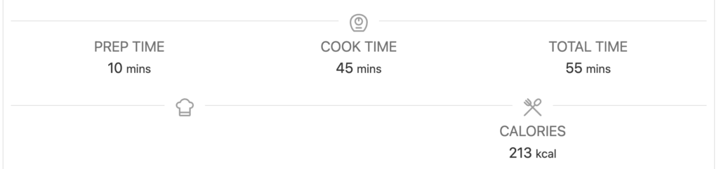 Image showing the preparation time and calories of the recipe, with 10 minutes prep time and 210 calories per serving.