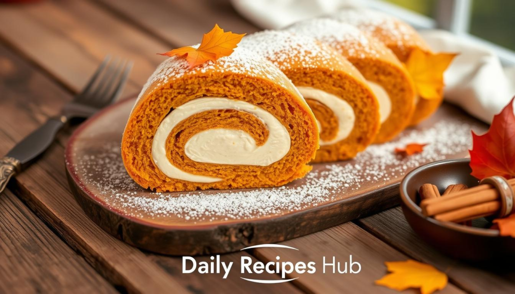 A beautifully arranged Libby's Pumpkin Roll Recipe on a rustic wooden table, showcasing the rich orange and cream colors of the roll, garnished with powdered sugar and autumn leaves. Soft natural lighting highlights the texture of the cake and cream filling, with a vintage fork and a dish of cinnamon creating a warm, cozy fall atmosphere.