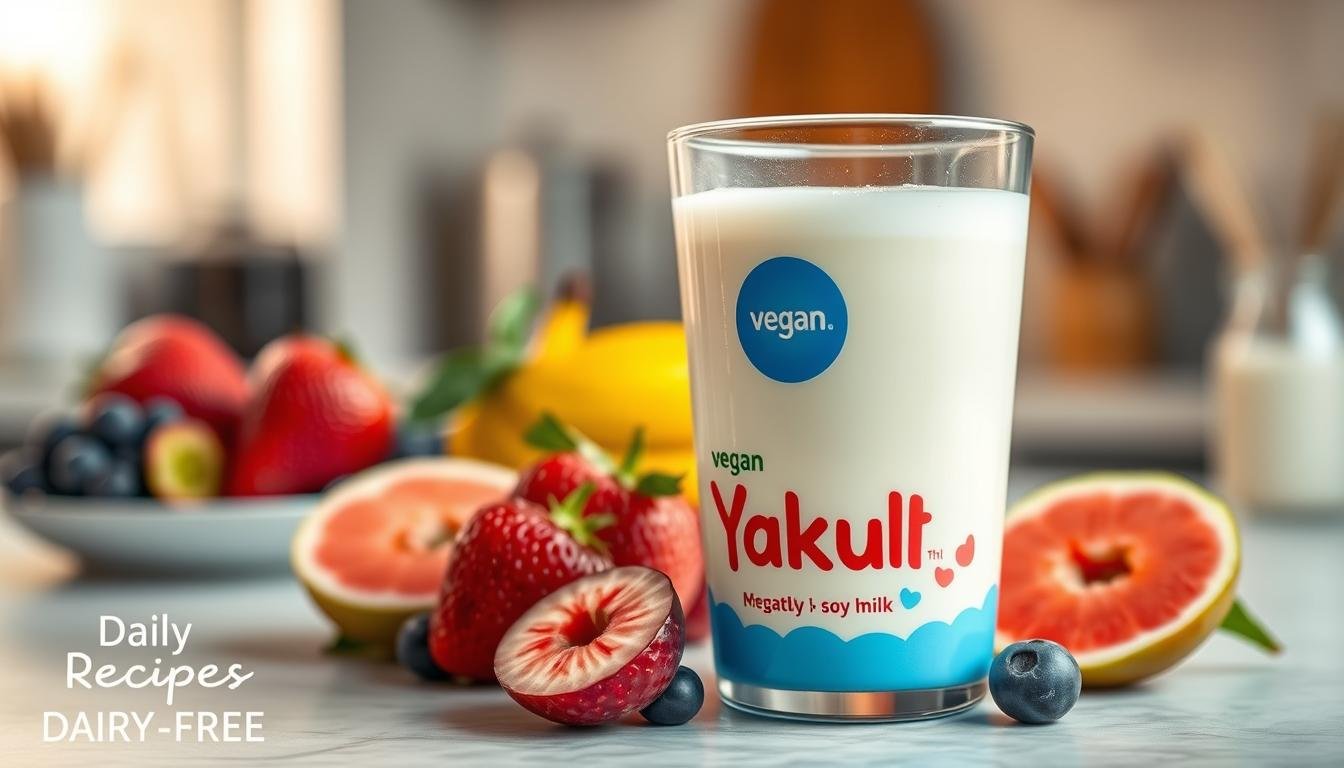 Yakult Recipe Vegan : An artistic representation of a refreshing glass of vegan Yakult, showcasing its creamy texture and vibrant color, surrounded by fresh fruits and soy milk, with a blurred background of a cozy kitchen setting, emphasizing a healthy and dairy-free lifestyle. Include subtle branding elements of 'Daily Recipes Hub' in the scene.