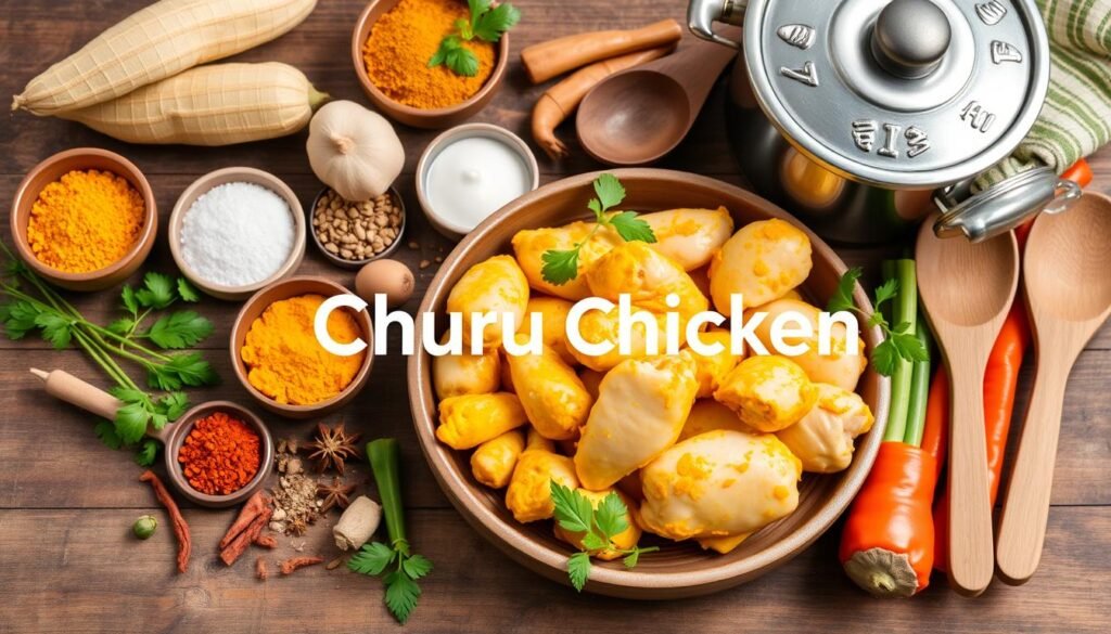 A beautifully arranged flat lay of churu chicken amarillo recipe ingredients, featuring vibrant yellow turmeric, fresh spices, tender chicken pieces, and colorful vegetables, alongside a rustic cooking pot and wooden utensils. The background should be a rustic kitchen counter, showcasing a cozy homemade cooking atmosphere. Include the brand name "Daily Recipes Hub" subtly integrated into the scene.