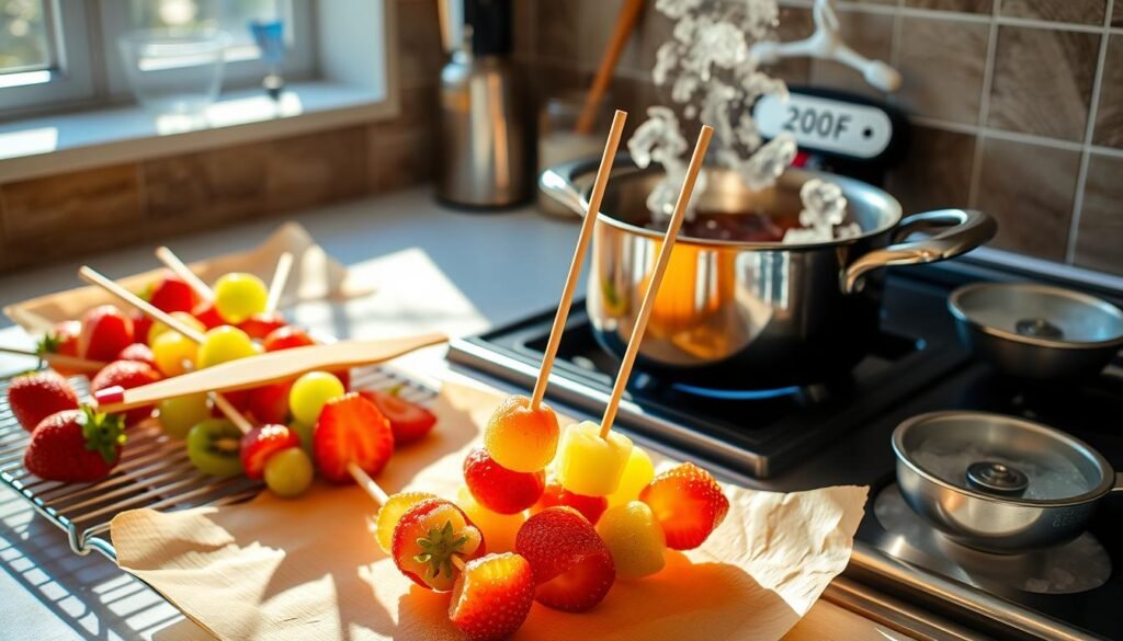 Making tanghulu recipe at home, dipping strawberries and grapes into a sugary glaze