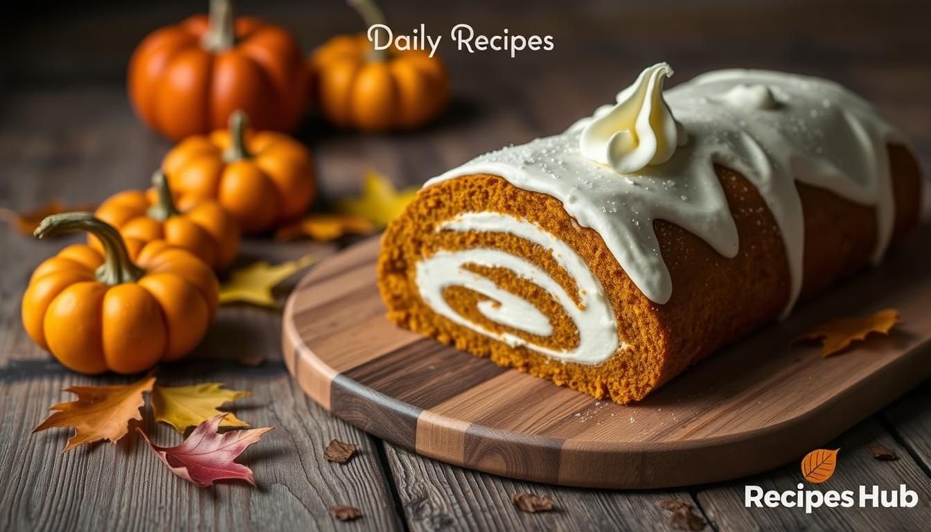 Realistic Libby's Pumpkin Roll Recipe on a rustic wooden table, with swirls of cream cheese frosting peeking out, surrounded by autumn leaves and small pumpkins. Soft natural lighting enhances the photorealistic style, with Daily Recipes Hub branding subtly included in the background, creating a cozy fall vibe