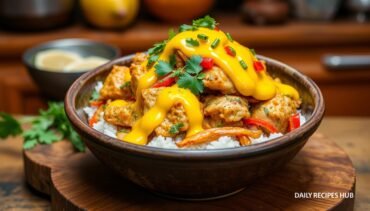 Delicious Churu Chicken Amarillo recipe served in a rustic bowl, garnished with fresh herbs and colorful vegetables, vibrant yellow sauce drizzled on top, set against a warm kitchen background, realistic food styling, Daily Recipes Hub.