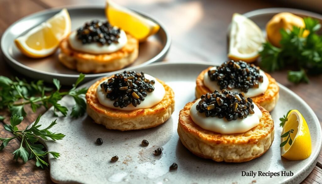 Delicious Recipe Crumpets with Caviar scene featuring golden, perfectly cooked crumpets topped with luxurious caviar, elegantly arranged on a rustic wooden table, surrounded by fresh herbs and lemon wedges, soft morning light illuminating the setting, realistic textures and colors, Daily Recipes Hub. Recipe Crumpets with Caviar