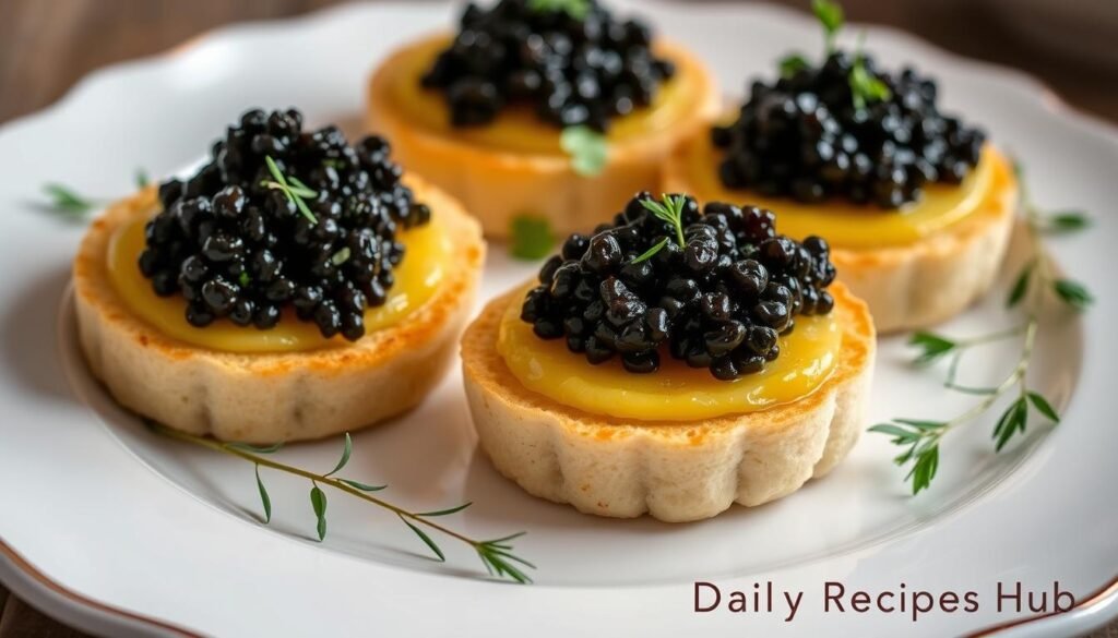 Perfectly toasted golden Recipe Crumpets with Caviar topped with luxurious black caviar, elegantly arranged on a fine porcelain plate, garnished with fresh herbs, soft lighting highlighting the textures and colors, realistic food photography style, Daily Recipes Hub