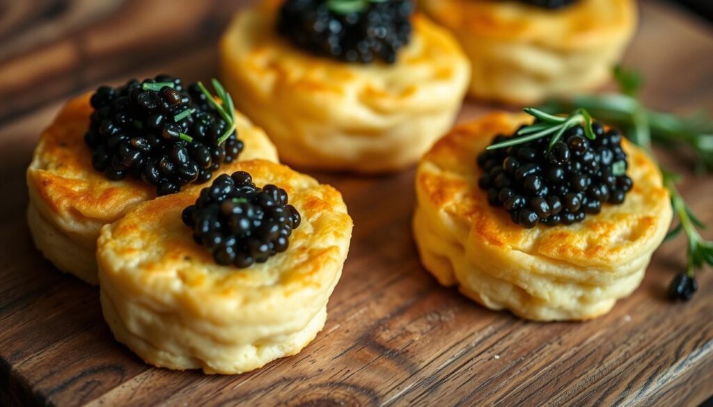 Close-up of freshly baked golden Recipe Crumpets with Caviar with a soft, spongy texture on a rustic wooden table, elegantly topped with luxurious black caviar, garnished with fresh herbs, warm and inviting lighting, capturing the essence of a sophisticated brunch, Daily Recipes Hub