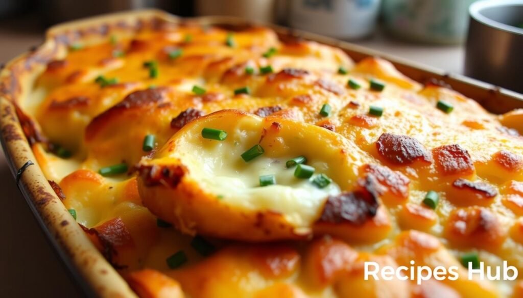 Deliciously Starbucks Potato Chive Bake Recipe, golden brown crust, creamy filling with chives peeking through, rustic baking dish, warm and inviting kitchen setting, natural lighting enhancing textures, Daily Recipes Hub branding subtly integrated into the scene