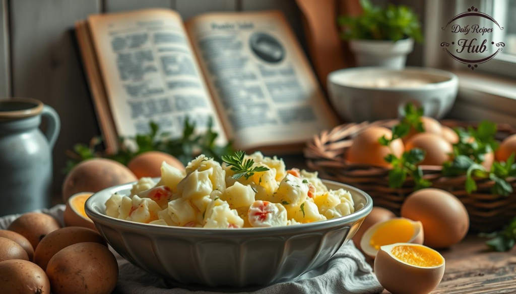 Hellmann's potato salad recipe on a Vintage kitchen scene with a classic bowl of potato salad surrounded by fresh ingredients like potatoes, eggs, and herbs, with an old recipe book open to a potato salad page in the background. The warm, inviting setting evokes summer gatherings and family traditions, with soft natural lighting enhancing the realistic textures of the food. A small, elegant logo for 'Daily Recipes Hub' is placed in the corner